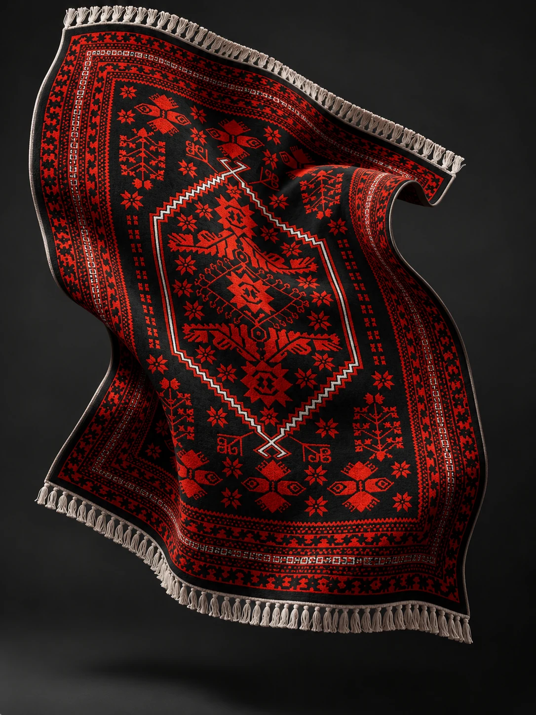 Black and orange fringed rug floating in the air