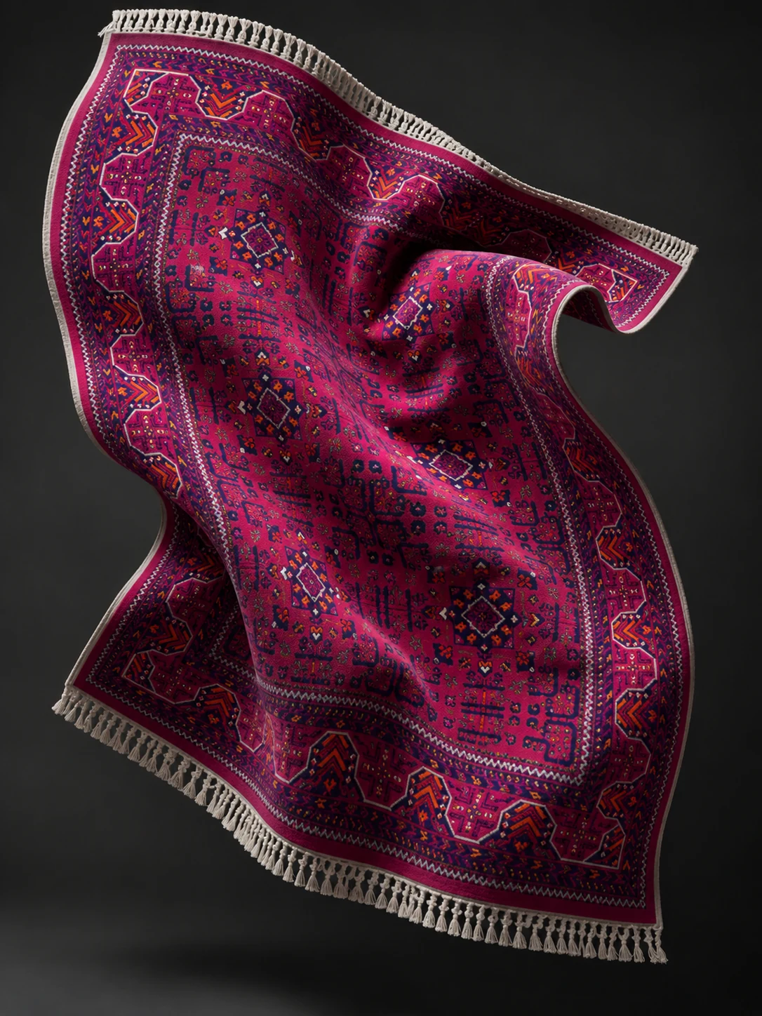 Burgundy fringed rug floating in the air