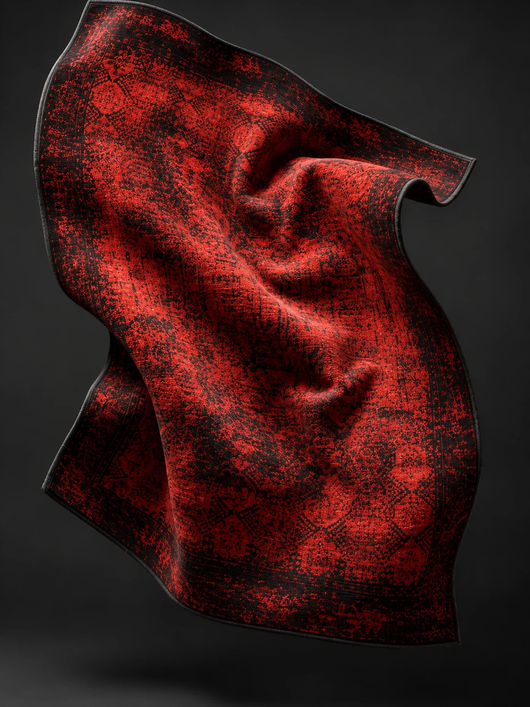 Red and black rug floating in the air